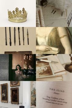 a collage of photos with gold crowns and other items