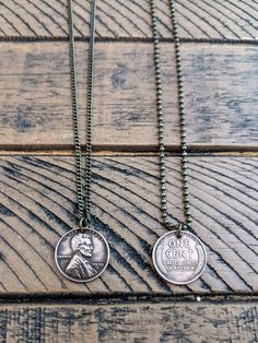 "Wheat Penny Necklace. Heads or Tails. These earrings are made with authentic wheat pennies, which were minted from 1909 to 1956. Chain choices 18\", 20\", 22\", or 24\" Antique bronze 2.0mm and 2.4mm ball chain or 2.2mm curb chain. The penny pendant diameter is .75 inches. I use Renaissance Wax on all pennies to create a soft sheen, protect, and minimize tarnish to the metal. Small polish cloth comes free with the purchase of a necklace.  Please remember that colors vary slightly between comput Adjustable Vintage Coin Necklace For Gifts, Antique Coin Necklace, Penny Jewelry, Heads Or Tails, History Jewelry, Penny Necklace, Wheat Pennies, Us Penny, Vintage Bridesmaids