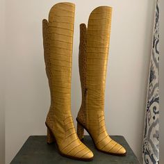 Absolutely Stunning Vince Camuto Cashew Croc Palley Over The Knee Boots, Perfect For Fall! Size 7.5 Heel Height: 4” Overall Height: 21 1/2” Nwt Leather Upper, Manmade Sole. Inner 1/4 Zipper Closure. Comment Any Questions You May Have! Luxury Fitted Heeled Boots With Stacked Heel, Luxury Medium Width Boots For Spring, Fitted Luxury Boots With Block Heel, Luxury Fitted Boots With Block Heel, Designer Boots With Sculpted Heel For Spring, Luxury Heeled Boots With Reinforced Heel For Spring, Luxury Almond Toe Boots For Spring, Designer Fitted Heeled Boots With Almond Toe, Designer Fitted Boots For Spring