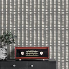 a radio sitting on top of a dresser next to a vase with a plant in it