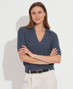 CHAIN REACTION With the sultry drape of chainlink stitch meets flattering polo cut, our EcoFlax is our most innovative knit of the season. We love the way the polo collar and feminine silhouette reinforce the hard-meets-soft harmony of this impeccable, surprisingly versatile piece. Chic Knit V-neck Polo Sweater, Chic Knit Polo Sweater For Workwear, Spring Polo Collar Sweater, Chic Textured Knit Polo Sweater For Work, Chic Collared Knit Polo Sweater, Chain Reaction, Satin Short, Ribbed Shorts, Satin Cami