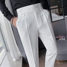 Season:Spring   Fall; Fabric:Polyester; Gender:Men's; Style:Vintage,Elegant; Elasticity:Micro-elastic; Occasion:Daily,Work,Business,Office; Fit Type:Regular Fit; Function:Comfort; Waistline:High Waist; Pattern:Plain; Design:Pocket,High Rise; Pants Type:Dress Pants,Trousers,Pleated Pants,Suit Pants,Gurkha Pants; Fly Type:Button; Front page:FF; Listing Date:12/20/2022; Hips:; Length:; Waist: