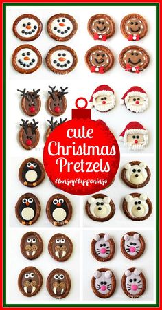 christmas pretzels are decorated with santa's hats and reindeers for the holiday season