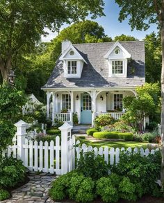 a white house with a picket fence and trees in the front yard, surrounded by greenery