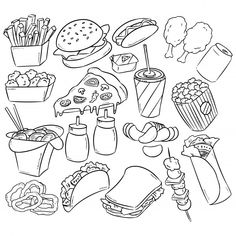 a black and white drawing of fast food