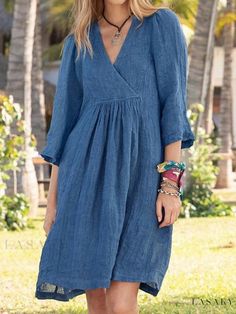 Lasaky - Cotton and Linen Solid Color Midi Dress with Seven-Quarter Sleeves Linen Casual Dress, Boho Midi Dress, Cotton Linen Dresses, Linen Casual, Cooler Look, Linen Style, Cotton Linen Fabric, Short Sleeve Dress, Mini Dress With Sleeves