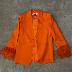 Nwt Zara Blazer With Removable Feather Cuffs. Fits Slightly Oversized. Never Worn. Selling Matching Pants In Another Listing. Open To Offers Feather Cuffs, Orange Satin, Zara Blazer, Feather Trim, Matching Pants, Zara Jackets, Color Orange, Blazer Suit, Suit Jacket