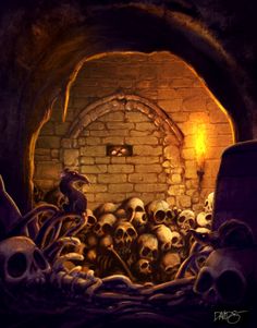 a bunch of skulls that are sitting in the dirt near a brick wall with a light on