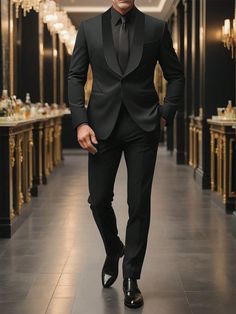 Men's Solid Color Simple Everyday Suit - Long Sleeve  Black Blazer And Pants Black     Plain  Non-Stretch  Men Clothing, size features are:Bust: ,Length: ,Sleeve Length: Men Suit Outfit Ideas, Casual Black Blazer Outfits Men, Men With Suit, Men In Black Suits, Boys In Suits, Husband Tux Wedding, Suit Black Men, Black Suit Men Casual, All Black Suits Groomsmen