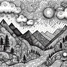 a black and white drawing of mountains with clouds, trees and sun in the sky