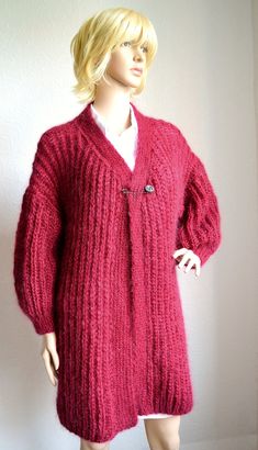 Burgundy red women's cardigan hand knitted with needles from soft, light and little bit fluffy mohair yarn. Warm, quality and cosy cardigan knitted with wide sleeves and slits on the sides. It can be weared with decorative pin (it's included). This long cardigan will warm you up in chilly evening. Accurately knitted from high quality mohair yarns, so, this cardigan is durable and easy to maintain. Also it's available hand knitted cardigan or poncho according to your model and size. Size: length Red Knitted Cardigan, Cosy Cardigan, Cardigan Knitted, Mohair Yarn, Mohair Cardigan, Knitted Cardigan, Wide Sleeves, Long Cardigan, Soft Light