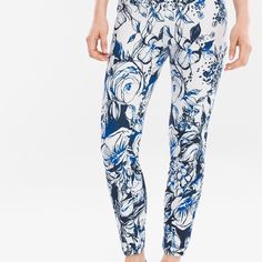 Chicos Black Label Floral Pants Size 3 Sold Out Online !!! Sleek And Oh-So Slimming, These Blooming Bold Pants Are Your New True Blues. Individual Style. Clean, Modern Lines. The Exclusive Black Label By Chico's Collection. Length: 28". Polyester, Spandex. Blue Elastane Leggings For Spring, Elegant Blue Floral Print Bottoms, Floral Print Stretch Bottoms For Loungewear, White Stretch Bottoms With Floral Print, Stretch White Bottoms With Floral Print, White Floral Print Stretch Bottoms, Fitted Blue Pants With Floral Print, Floral Print Stretch Ankle-length Bottoms, Cream Pants