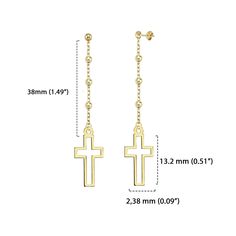 These dangle cross earrings embody an elegant and contemporary style. Each chain earring features a small cross figure suspended by a slender, shiny silver chain. Enhance your look or surprise a loved one with these exquisite 14K solid gold and silver cross chain earrings. Order today and experience elegance, quality, and symbolism in one beautiful package. As Christmas approaches, consider these timeless pieces as a heartfelt gift, symbolizing hope, love, and the festive spirit. PRODUCT DETAILS Elegant Cross Pendant Jewelry For Pierced Ears, Elegant Pierced Cross Earrings, 14k Gold Cross Earrings, Elegant Cross Pendant Earrings, Yellow Gold Cross Earrings For Pierced Ears, Elegant Hypoallergenic Cross Pendant Jewelry, Gold Cross Hypoallergenic Earrings, Gold Hypoallergenic Cross Earrings, Minimalist Gold Cross Earrings