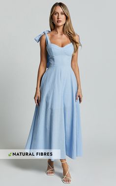 Tymia Midi Dress - Shoulder Tie Bustier Shirred Back A Line in Pastel Blue Blue Wedding Guest Dresses, Tile Dress, Blue Dress Outfits, Feminism Art, Basic Black Dress, Spring Maxi Dress, Bachelorette Dress, Neon Outfits, Ideal Wardrobe