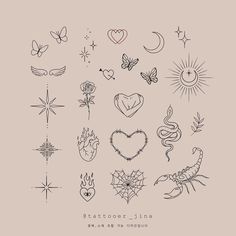 an assortment of tattoo designs on a beige background