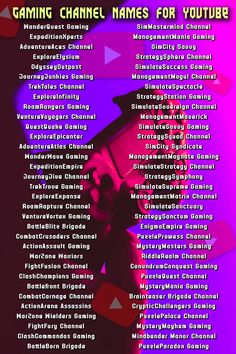 a purple and red poster with the words gaming channel names for youtuber on it