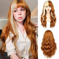 PRICES MAY VARY. Wig Style:Orange Wavy Wig with Bangs. This hair color is more reflect fashion and temperament. You can combine with different styles of clothing and makeup to shining on any occasion.Make you look pretty and cute.Make you focus in the crowd. Premium Materia: This long orange wig for women is made of high quality synthetic heat resistant fiber. The hand feels soft and smooth, bouncy and has no false sheen. You can trim, wash. Durable enough to last a long time. No shedding and ta Orange And Blonde Wig, Auburn Hair Extensions, Styling Bangs Tutorial, Orange Wig, Growing Out Bangs, Wavy Wigs, How To Cut Bangs, Beautiful Wigs, 90s Hairstyles