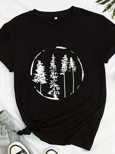 Nature-Inspired Trees Print T-Shirt: A Casual Summer/Spring Essential Nature-inspired Crew Neck T-shirt For Summer, Summer Nature-inspired Crew Neck T-shirt, Nature-inspired Short Sleeve T-shirt For Summer, Nature-inspired T-shirt With Plants Print For Summer, Nature-inspired Summer T-shirt With Plant Print, Spring Wardrobe Essentials, Trees Print, Spring Essentials, Wearing Style