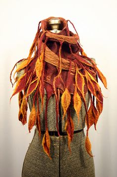 Hanging Leaf, Feather Fringe, Felt Fashion, Leaf Scarf, Felted Scarves, Wrap Scarf, Soft Sculpture, Fabric Jewelry