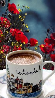 a cup of hot chocolate on a saucer with red poppies in the background