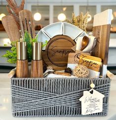 a basket filled with lots of items on top of a table