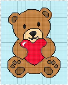 a cross stitch teddy bear holding a heart