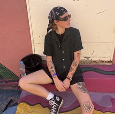 Masc Festival Outfit, Masc Lesbian Style Summer, Hallyn Bellairs, Masc Vacation Outfits, Festival Outfits Masc, Lesbian Festival Outfit, Masc Outfits Summer Women, Queer Festival Outfit