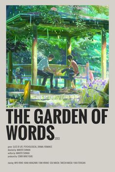 the garden of words poster with two people sitting on a bench