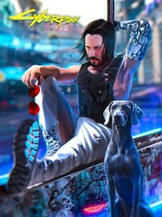 a man with long hair sitting on top of a skateboard next to a dog