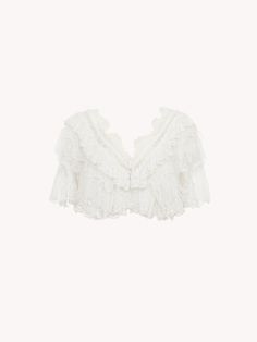 Chloé Heritage V Neck Lace Top | Chloé US Feminine V-neck Top With Lace Collar, Feminine V-neck Delicate Lace Top, Elegant Fitted V-neck Crochet Top, Feminine V-neck Tops With Lace Sleeves, Chic V-neck Lace Top For Daywear, Fitted V-neck Lace Top With Lace Collar, Elegant V-neck Crochet Top With Lace Trim, Feminine Lace V-neck Top, Elegant White V-neck Lace Top