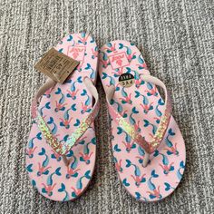 Open Toe Slip On Style Perfect For Water Mermaid Print On Sole Synthetic Sole These Run Small, Size Up Kids 4/5 Playful Synthetic Flip Flops For Beach, Pink Synthetic Beach Slippers, Playful Slip-on Flip Flops For The Beach, Pink Synthetic Slippers For The Beach, Non-slip Playful Flat Flip Flops, Playful Non-slip Flat Flip Flops, Cute Non-slip Flip Flops For Swimming, Pink Non-slip Slippers For Vacation, Pink Vacation Slippers With Cushioned Footbed