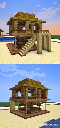 two different views of a beach house with stairs and steps leading up to the roof