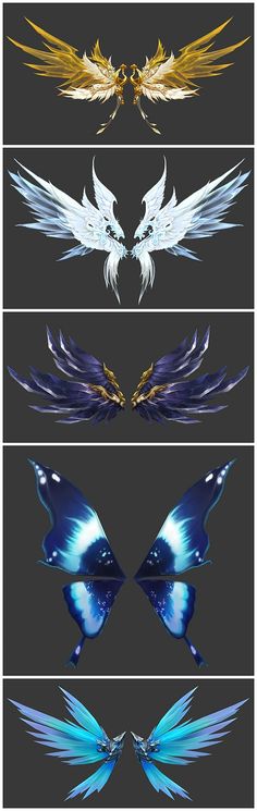 four different types of wings on a black background