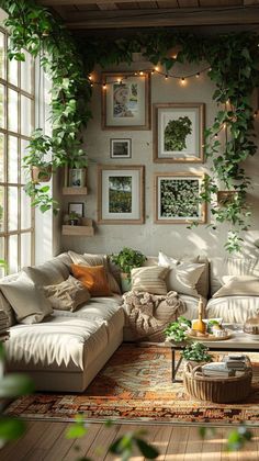 a living room filled with furniture and lots of greenery on the wall above it