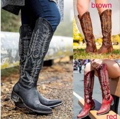 Knee High Ethnic Fashion Boots · KoKo Fashion · Online Store Powered by Storenvy Knee High Western Boots, Mid Heel Boots, Popular Boots, Pu Boots, Country Boots, Boots Vintage, Boot Shoes, Leather Cowboy Boots, Vintage Boots