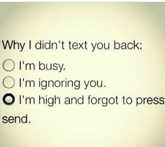 the words are written in black and white on a light colored background that says, why i didn't text you back i'm busy i'm ignoring you i'm high and forgot to press