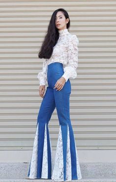 Blouse And Bell Bottoms, Fabric Bell Bottoms, Diy Flare Jeans With Fabric, Pant Fashion Women, Flare Jeans With Lace, Cute Custom Outfits, Pants With Ruffles Bottoms, Flared Jeans With Lace, Different Pants Styles For Women