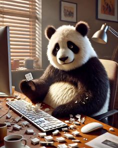 a giant panda bear sitting at a desk with a keyboard and mouse in front of it