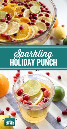 sparkling holiday punch with cranberries and lemons