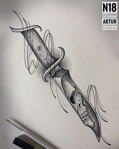 a drawing of a knife with a skull on it's blade and an arrow in the middle