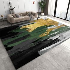 a living room with a couch, chair and rug that has been painted in different colors