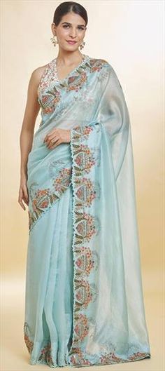 Blue color Saree in Organza Silk fabric with Embroidered, Sequence, Thread work Blue Blouse Piece With Floral Embroidery For Wedding, Blue Floral Embroidered Blouse Piece For Wedding, Blue Chanderi Embroidered Saree Fabric, Blue Blouse Piece With Intricate Embroidery For Diwali, Blue Saree With Floral Embroidery In Traditional Drape, Diwali Blue Blouse Piece With Floral Embroidery, Festive Blue Blouse Piece With Intricate Embroidery, Festive Blue Blouse Piece With Chikankari Embroidery, Blue Embroidered Fabric For Diwali