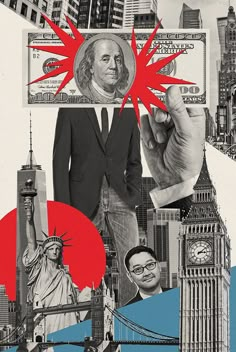 a collage of photos with the statue of liberty, money, and other famous landmarks