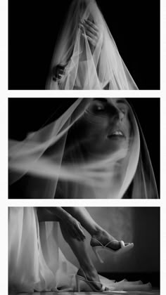 three different shots of a woman with veil on her head and shoes in the air