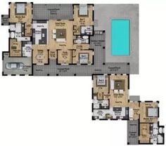 the floor plan for an apartment building with two pools and three separate living areas in it