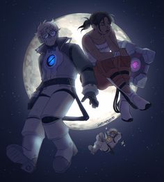 two cartoon characters flying in front of the moon, with one holding onto another character's arm