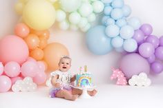 Rainbow Baby Cake Smash   www.modernnewbornphotography.com Balloon Cake Smash, Rainbow Smash Cakes, Rainbow First Birthday, Girl Birthday Decorations