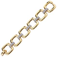 This bold yellow gold and diamond-set link bracelet has a modern retro-chic vibe. It is a statement piece that won't go unnoticed and it easily transitions from day wear to evening attire. The oversized 18k high-polished links are eye-catching by themselves, but with the alternating diamond-set links, this bracelet is a real head-turner! Over 3 carats of pave set round brilliant-cut sparkling diamonds make this bracelet the perfect important addition to your fine jewelry wardrobe! 210 round bril Night Biking, Jewellery Design Sketches, Jewelry Wardrobe, Gold Link Bracelet, Gems Bracelet, Gold Link, Silver Line, Metal Chain Link, Jewellery Design