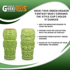 two green ceramic tiki mugs sitting next to each other on a white background