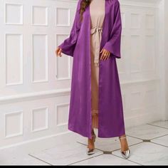 Satin Bell Open Abaya. Plain Long Sleeves Non Stretch 100% Polyester Feel Free To Make An Offer Brand New Inner Is Not Included Elegant Long Sleeve Solid Color Kaftan, Elegant Long Purple Abaya, Elegant Purple Maxi-length Abaya, Elegant Purple Long Sleeve Kaftan, Elegant Long Purple Kimono, Elegant Long Outerwear For Eid, Open Abaya, Bell Sleeve, Front Open